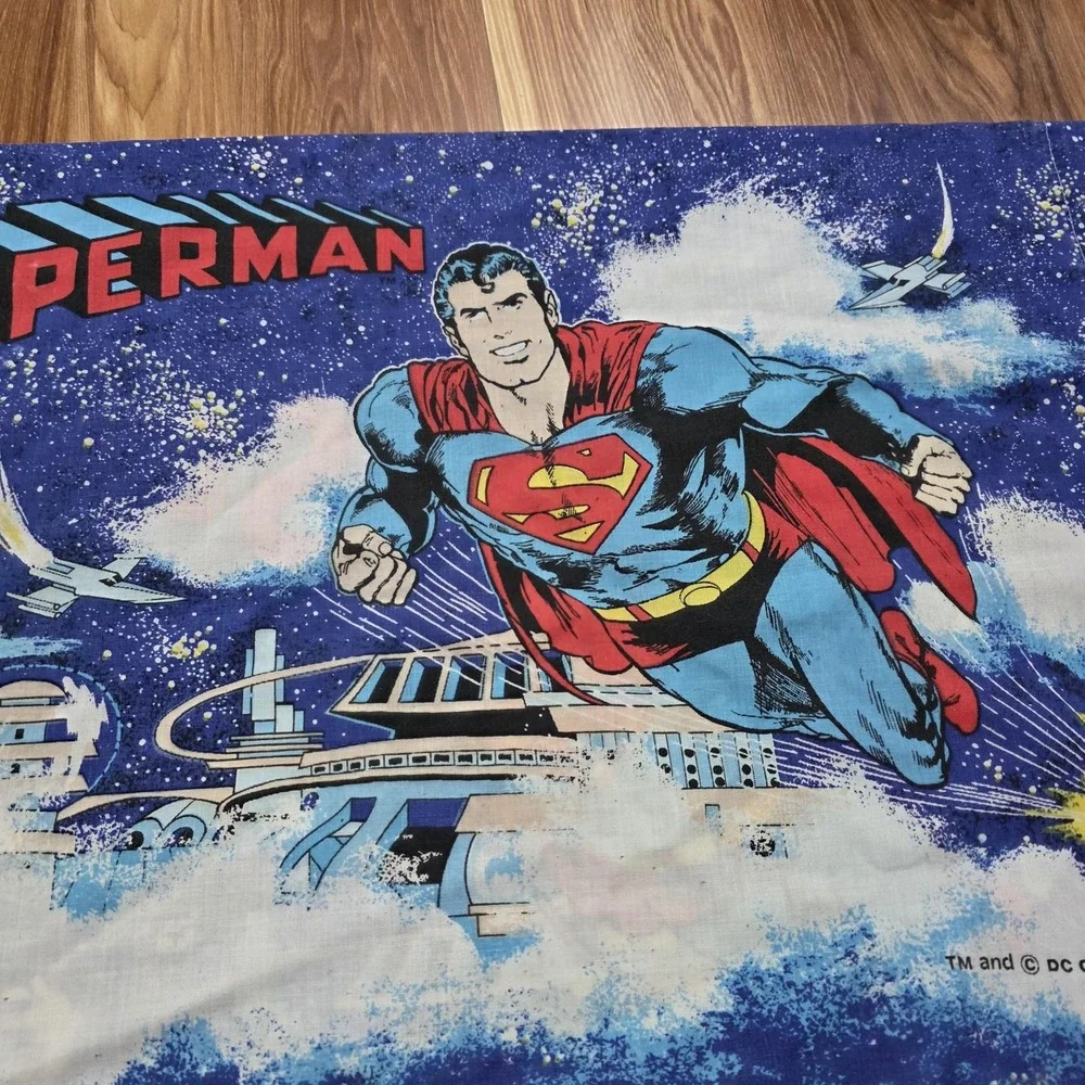 Vtg DC Comics Superman Pillowcase Standard Blue Kids 1978 Superhero Bedding